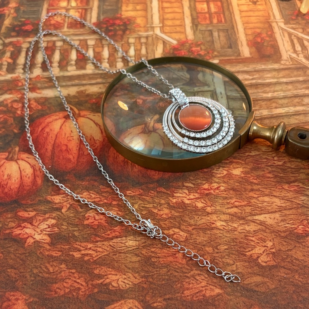 Long Silver and Orange Pendant Necklace